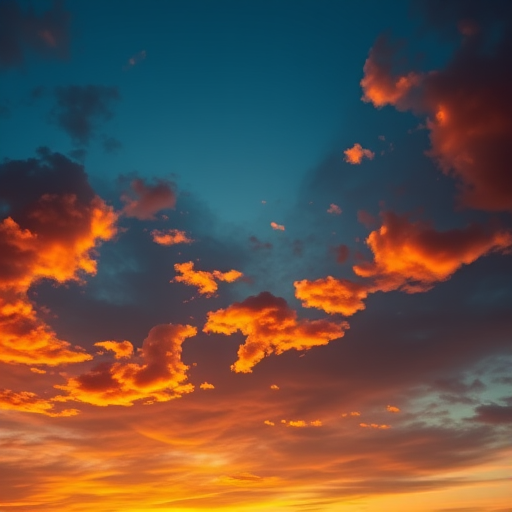 capture a dramatic sunset sky with vibrant orange and yellow clouds against a dark blue backdrop using a DSLR camera with a 50mm lens, aperture set to f/8, ISO 100, shutter speed 1/200 sec, and a slight vignette effect for depth
