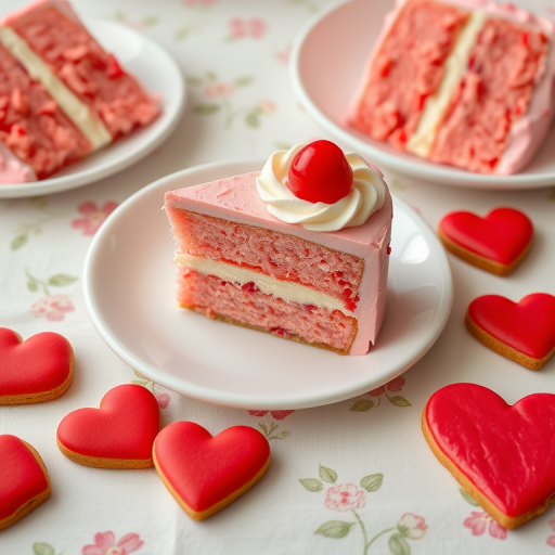 A slice of pink layer cake with whipped cream on top and a cherry garnishing it placed on a white plate surrounded by additional slices of cake and red heart-shaped cookies all arranged on a light floral tablecloth.