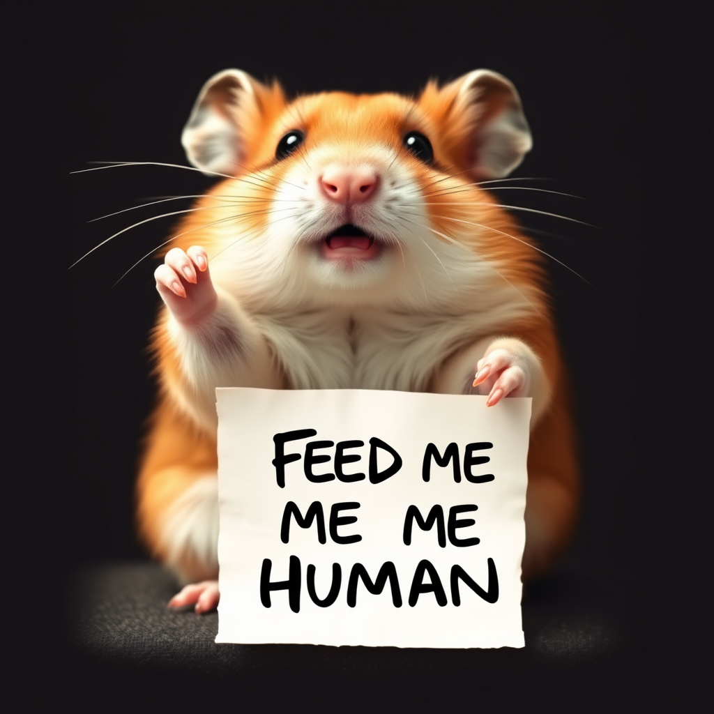 hamster holding a note which says "FEED ME HUMAN"