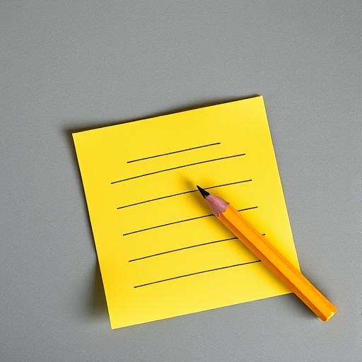 Create a realistic image of a yellow sticky note with black lines and a sharpened yellow pencil leaning against it, shot with a Canon EOS R, 50mm lens, f/2.8 aperture, ISO 100, top-down view, natural soft lighting for enhanced detail.