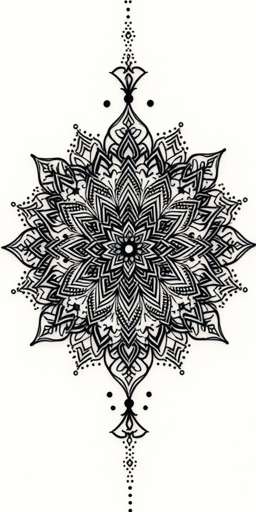 Dotwork mandala tattoo with intricate floral patterns and sacred geometry elements, gradually fading from solid black to delicate stippling for a mesmerizing optical illusion effect