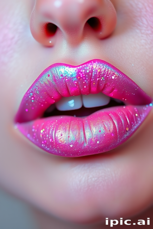 Whimsical "Fairy Dust" iridescent lip gloss with holographic sparkles, transforming from pink to blue depending on light, enchanting and playful