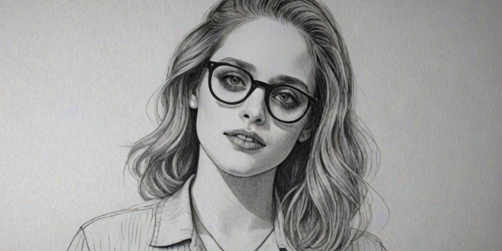 Splendid Carly Chaikin, pencil sketch, portrait of Lovely woman 1922s in glasses, hair style beatnik, outline, clear lines, fine lines, 8k