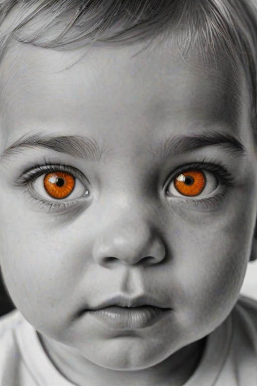 A hyperdetailed photorealistic black and white sketch of a beautiful toddler with deep orange eyes, with a macro focus