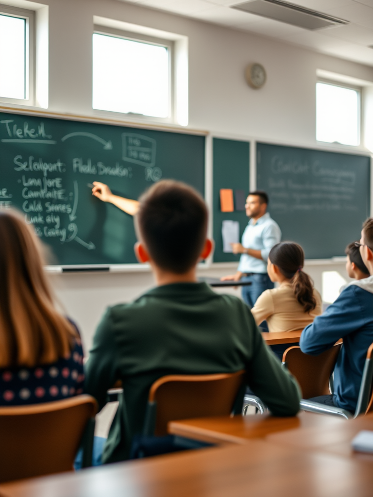 classroom scene with a teacher pointing at a chalkboard, students engaged and attentive, natural light streaming through windows, shot with a DSLR camera at f/1.8, ISO 200, 50mm lens, wide-angle view for depth and clarity, smooth bokeh background for focus on the teacher and students
