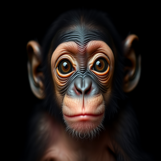 close-up portrait of a baby chimpanzee with expressive eyes, soft lighting, focus on facial features, shallow depth of field, camera settings: f/2.8, ISO 200, shutter speed 1/60, 50mm lens, DSLR camera, natural light, black background for contrast