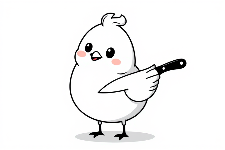 Cute cartoon bird holding a knife with a simple black outline on a white background, featuring a round body, small wings, and a cheerful expression.