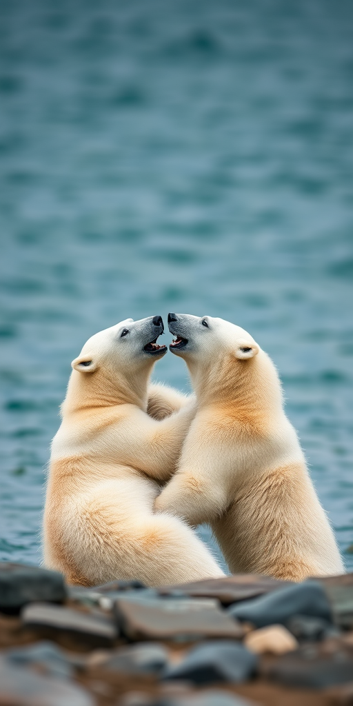 polar bears playfully interacting in a natural setting by the water, 50mm lens, f/4, ISO 200, 1/500s, shallow depth of field, captured from a low angle with a DSLR camera for enhanced clarity and detail