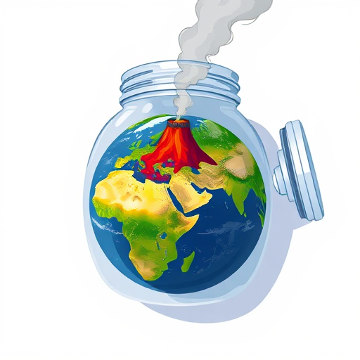 Illustration of Earth in a jar with smoke rising from a volcano, 50mm lens, f/8 aperture, ISO 100, top-down view, DSLR camera, vibrant colors and high contrast for enhanced image quality.