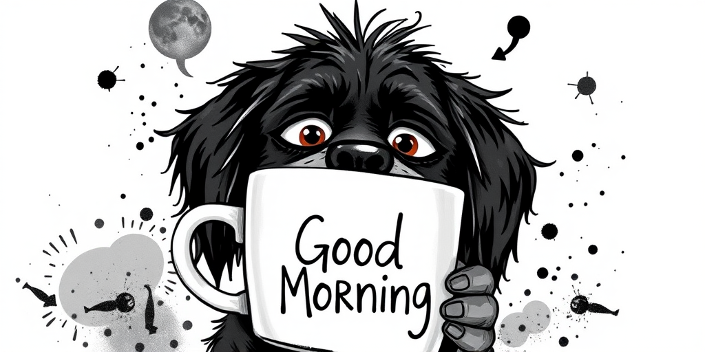 A quirky, artistic illustration of a disheveled field spaniel dog breed with exaggerated, large eyes and spiky fur, holding a coffee mug that reads "Good Morning". The dog has a tired but humorous expression, with ink splatters and abstract details surrounding it, giving a whimsical feel to the image. The color palette is mostly monochrome with hints of black in the eyes and steam rising from the mug, enhancing the overall sleepy vibe