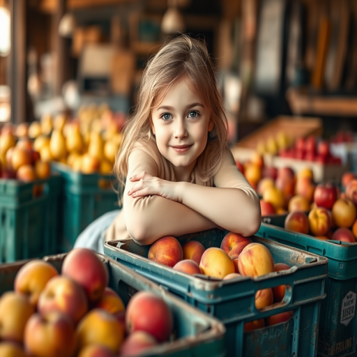 Capture a soft focus portrait of a young girl leaning on fruit crates filled with fresh peaches and apples in a rustic market setting with warm natural lighting, using a DSLR camera at f/2.8 aperture, ISO 100, 50mm lens, and a shallow depth of field for enhanced background blur.