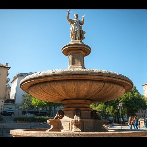 Create an image of a stone fountain with a figure on top, using a DSLR camera, 50mm lens, aperture f/1.8, ISO 100, natural lighting, and a slight low-angle view to enhance details and depth.