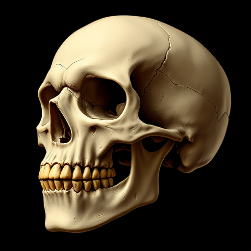 Create a highly detailed illustration of a human skull with exaggerated features, use a DSLR camera with a 50mm lens, aperture at f/2.8, ISO 100, natural daylight, close-up shot in high contrast style.