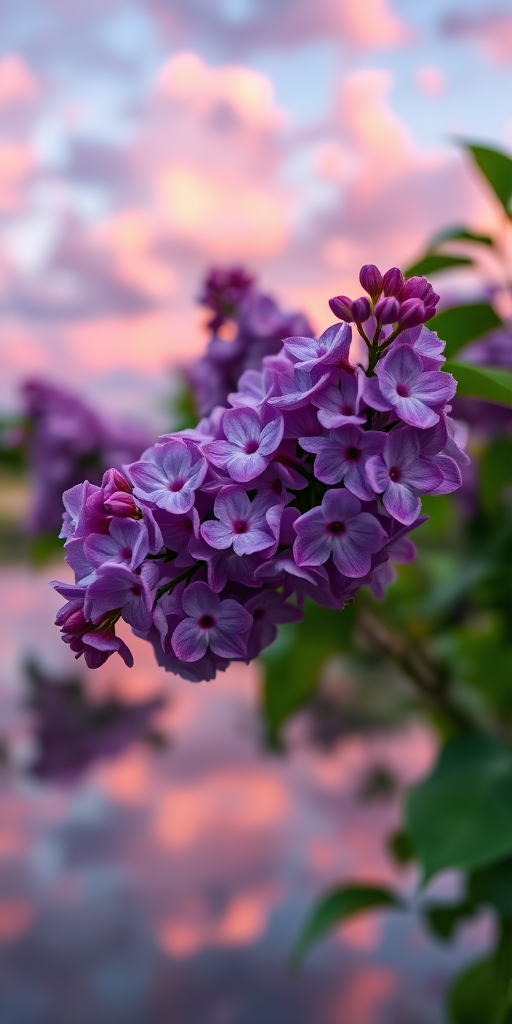 Capture a close-up of lilac flowers with vibrant purple hues, set against a dramatic sky with pink and purple clouds reflecting in a calm water surface, shot with a DSLR camera at f/2.8, ISO 100, shutter speed 1/200s, 50mm lens, in portrait orientation for enhanced depth and detail.