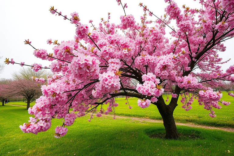 Cherry blossom tree in full bloom, vibrant pink flowers, lush green grass, overcast sky, 50mm lens, f/8 aperture, ISO 200, 1/250 sec shutter speed, natural light, DSLR camera, landscape orientation.