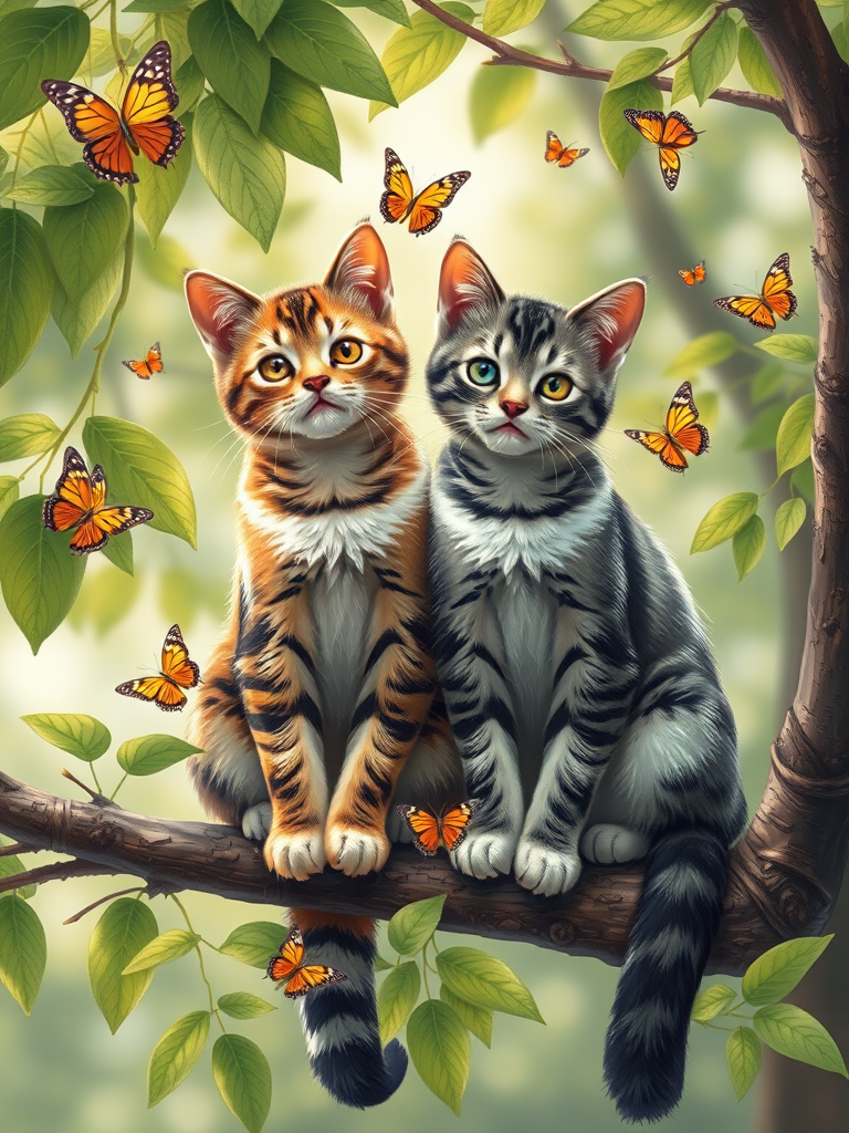 Create a detailed illustration of two cats sitting on a branch with vibrant green leaves and butterflies around them, using a Canon EOS R5 with a 50mm f/1.2 lens, aperture set to f/2.8, ISO 100, and a soft-focus background for enhanced depth and clarity.