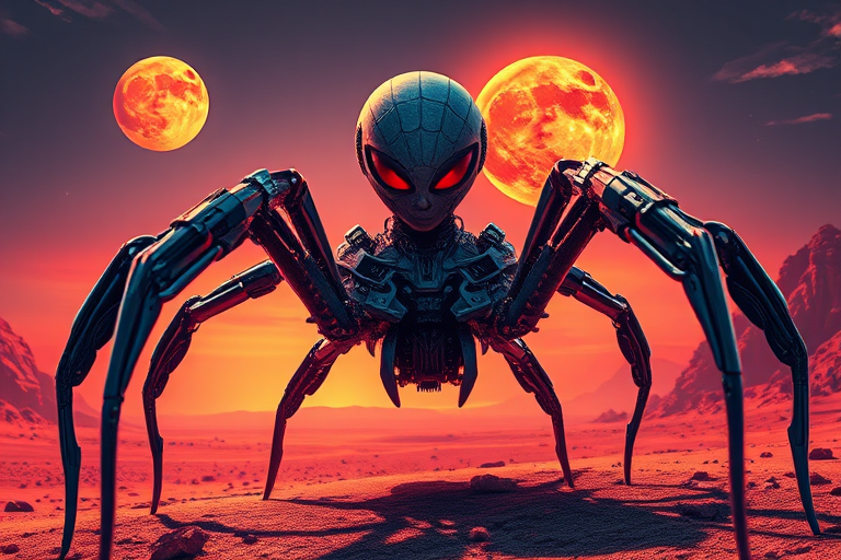 Create a highly detailed digital artwork of a futuristic female spider creature with robotic arms, set against a vibrant alien landscape featuring two suns, captured with a DSLR camera at f/4 aperture, 1/250 shutter speed, ISO 100, in a wide-angle lens perspective.