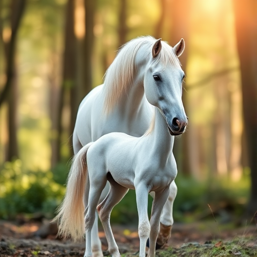 Create a high-resolution image of a majestic white unicorn and its foal in a serene forest setting, using a DSLR camera with an aperture of f/2.8, shutter speed of 1/250s, ISO 100, wide-angle lens at 24mm, capturing a soft bokeh effect in the background while maintaining sharp focus on the unicorns.