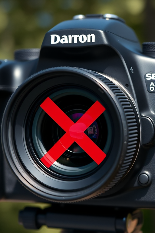 Generate an image of a camera with a prohibition symbol, using a DSLR camera at 24mm focal length, aperture f/4, ISO 200, in natural lighting, with a shallow depth of field to highlight the symbol.