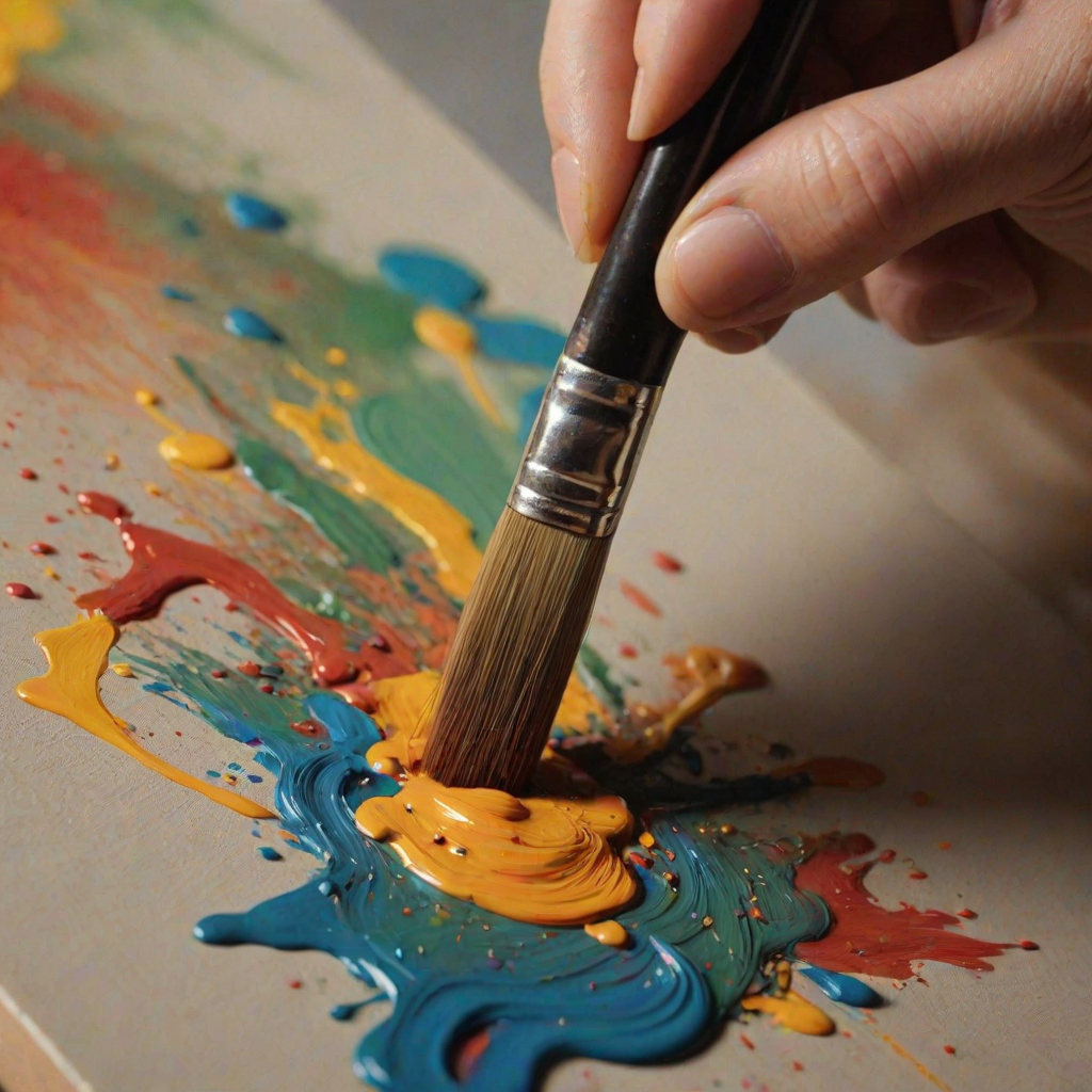 Sharp, close-up image of an artist's brush carefully applying paint to a canvas, tiny details of the brushstrokes visible, with vibrant colors blending together under soft studio lighting.