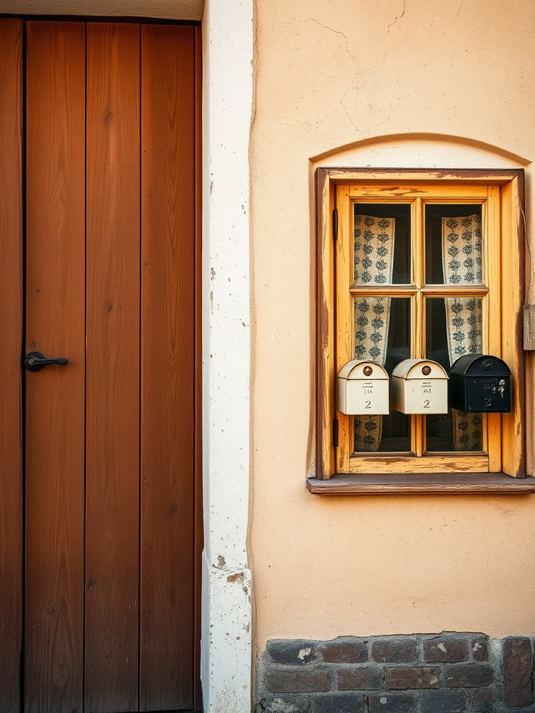 Regenerate the image of a rustic wooden door and a vintage window with mailboxes, captured in soft natural light using a DSLR camera with a 35mm lens at f/8, ISO 100, with a focused depth of field and a slight vignette to enhance texture and detail.