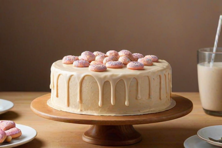 Create an image of a tall, round cake with smooth beige frosting. The top of the cake is decorated with small, round doughnuts and a swirl of frosting. Place the cake on a wooden cake stand with a clean, light-colored background. Include a few small doughnuts scattered around the base of the cake.