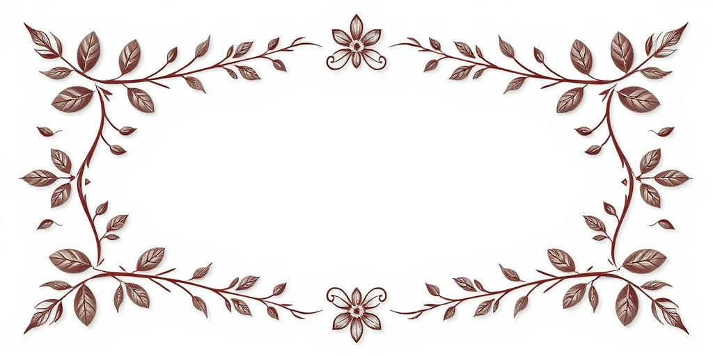 Create a high-resolution image of an elegant floral frame with intricate leaf and vine designs on a white background, using a DSLR camera with a 50mm lens, aperture set to f/2.8, ISO 200, and a soft focus effect.