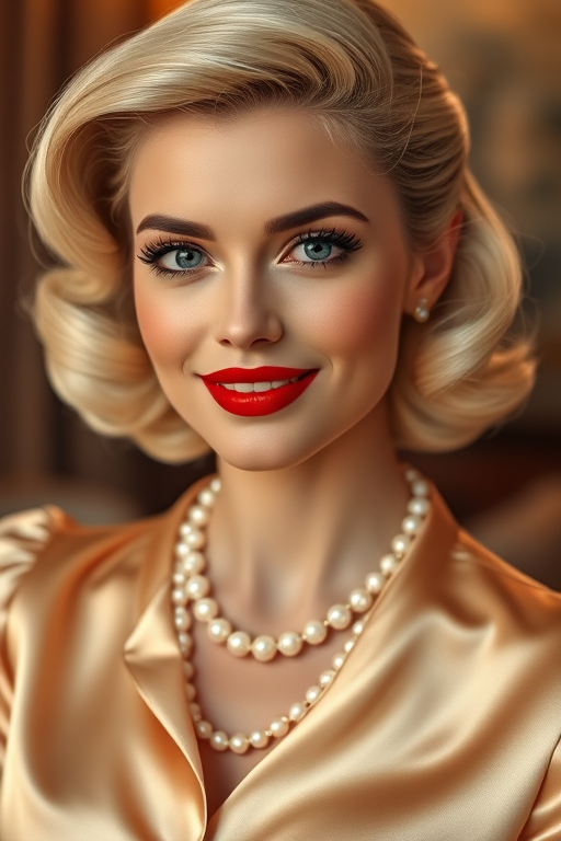 A beautiful taino woman reminiscent of 1950s Hollywood glamour, with perfectly styled blonde hair and a seductive smile, dressed in a satin blouse and adorned with pearls, soft and warm tones, photorealistic, 8K