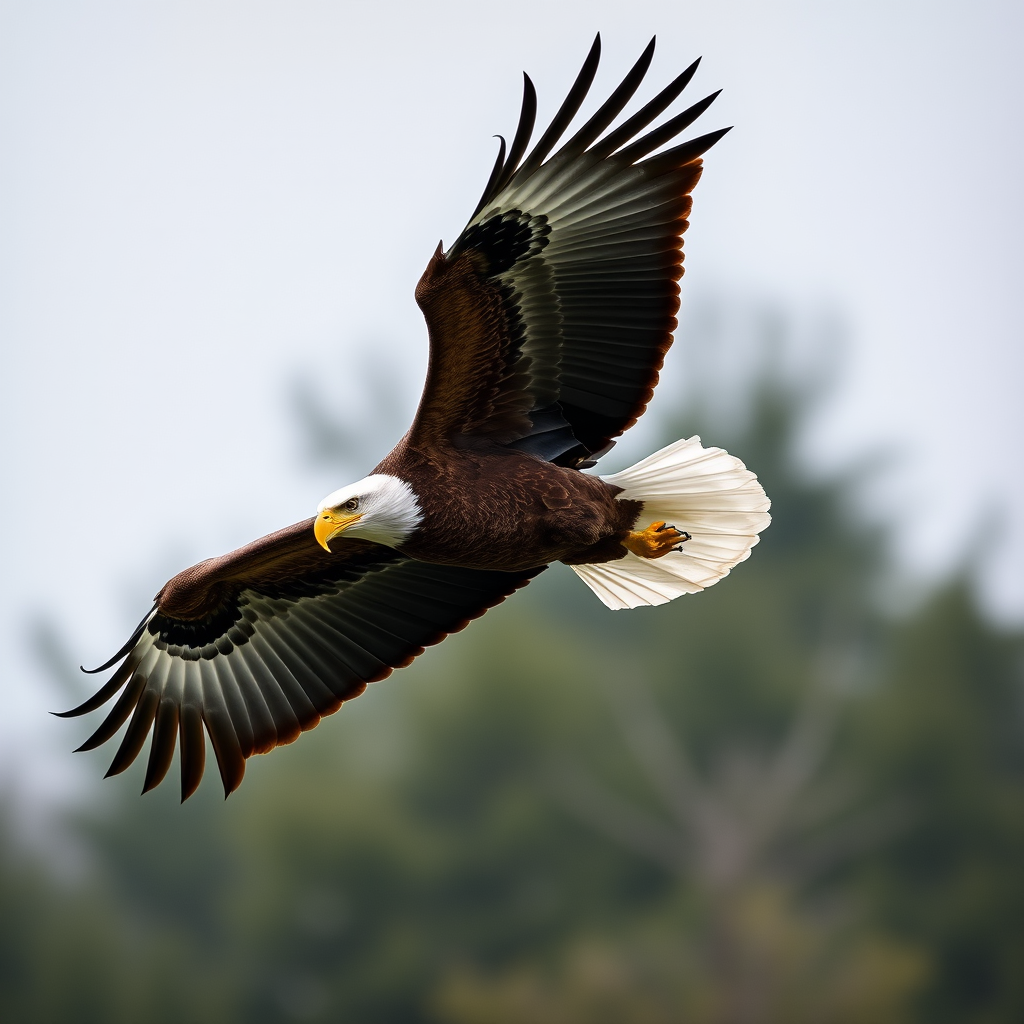Create a high-resolution image of a bald eagle in mid-flight with wings fully spread, using a Canon EOS 5D Mark IV camera, 300mm lens, aperture f/4, shutter speed 1/1000s, and ISO 400, capturing a dynamic angle from slightly below the eagle with a blurred natural background for enhanced focus on the bird.