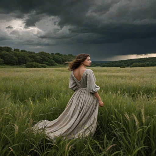Overgrown field by a crumbling stone wall, a woman stands among the tall grass, her flowing dress catching the wind as she gazes up at the storm clouds gathering above.