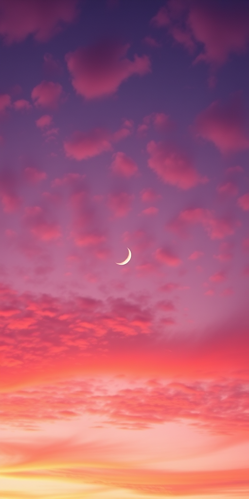 create a dreamy sunset sky with vibrant pink and purple clouds, a crescent moon glowing softly in the center, using a Canon EOS R5, f/2.8 aperture, 24mm lens, ISO 100, shot in landscape orientation for enhanced detail and clarity.