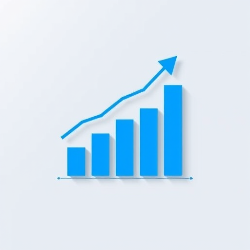 Create a minimalist infographic showing a blue bar chart with an upward arrow, soft shadow effect, using a Canon EOS R5 with a 24-70mm lens at f/4, ISO 100, 1/200s, shot from a top-down angle.