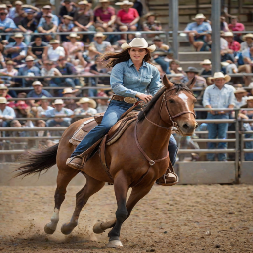 A cowgirl riding a brown horse at a rodeo, with spectators in the background, capturing the action and excitement of the event.