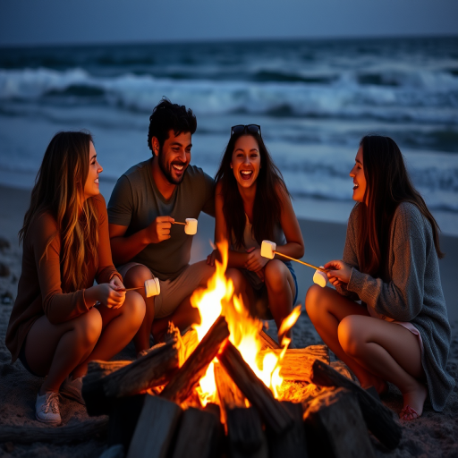 Warmly lit image of a group of friends laughing and roasting marshmallows around a bonfire on a beach, soft glow from the fire illuminating their faces, with distant waves crashing softly against the shore.
