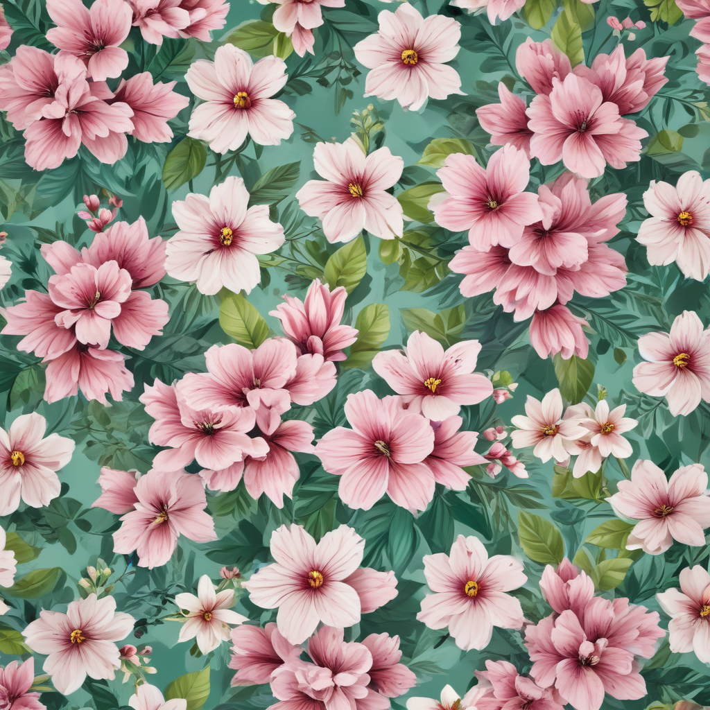 A Vibrant Floral Pattern Featuring Lush Pink Flowers and Green Leaves