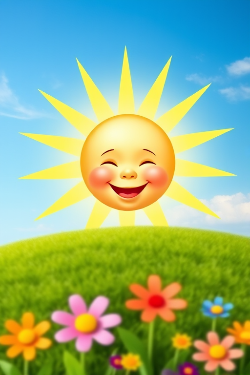 Create an image shows a bright, sun with a smiling baby's face in the center, radiating soft yellow rays. The sun is set against a clear blue sky with a few wispy clouds. Below, there's a lush green grassy hill with colorful, oversized flowers, giving the scene a whimsical, playful atmosphere.