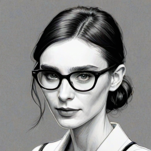 Dazzling Rooney Mara, pencil sketch, portrait of Elegant woman 1933s in glasses, hair style beatnik, outline, clear lines, fine lines, 8k