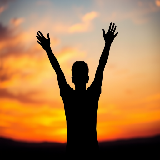 Generate a high-resolution image of a black silhouette of a standing person with arms raised against a vibrant sunset backdrop, using a DSLR camera with a 50mm lens, aperture set to f/2.8, ISO 100, 1/200 sec shutter speed, shot at eye level, with a focus on dramatic contrast and color saturation.