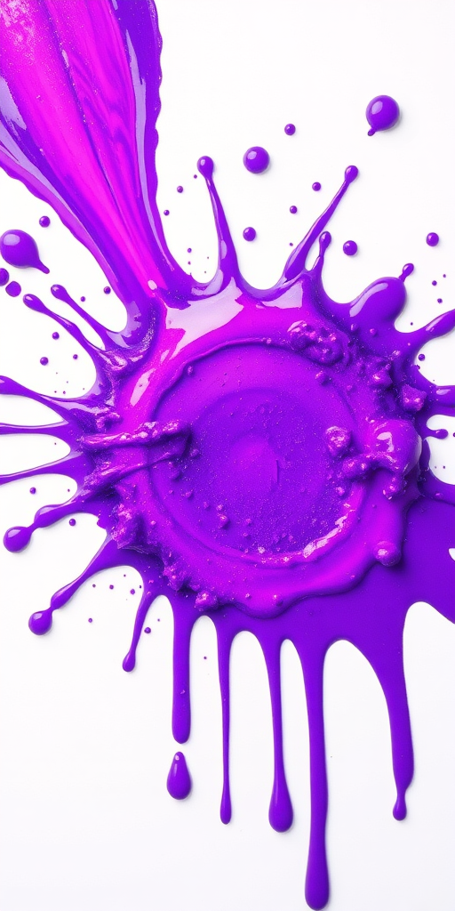 Create an image of a vibrant purple paint splash with dynamic splatters and drips, captured with a DSLR camera at f/2.8 aperture, 1/250 sec shutter speed, using a top-down view and a macro lens for enhanced detail and clarity.