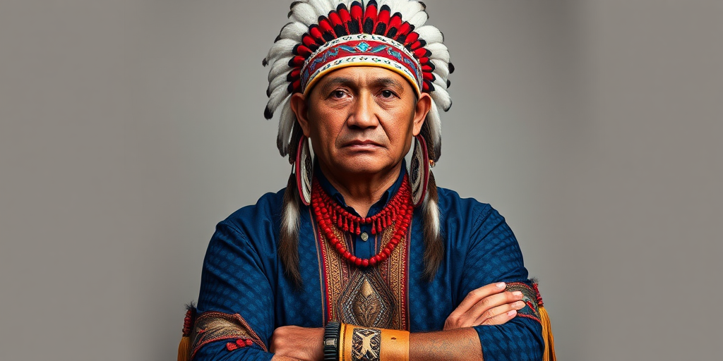 Create a dignified portrait of a Native American man dressed in traditional attire. He wears a beautifully crafted headdress adorned with white feathers and red beads, along with a beaded headband featuring intricate patterns. His clothing includes a deep blue, patterned shirt and a traditional chest piece with detailed beadwork. His arms are crossed, displaying leather armbands decorated with feathers. The background is simple and neutral, emphasizing his proud and stoic expression. The overall image captures the rich cultural heritage and strength of his persona.