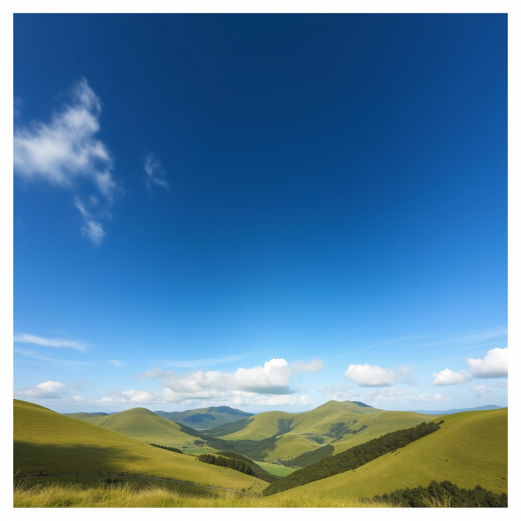 High-resolution image of a tranquil landscape with lush green hills, a clear blue sky, and soft clouds, captured with a Canon EOS 5D Mark IV at f/8, 1/125s, ISO 100, using a wide-angle lens from a low angle view to emphasize foreground detail and depth.