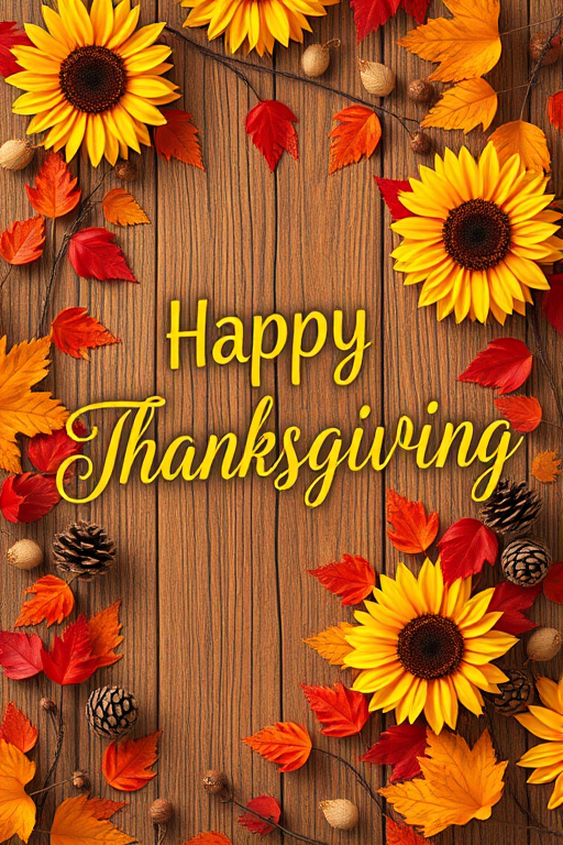 Create a warm and festive autumn scene featuring a wooden background adorned with sunflowers red and orange leaves and pine cones include the text Happy Thanksgiving in a stylish cursive font