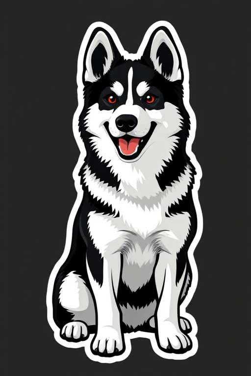 generate sticker, 3D black and white yakutian laika dog breed, black background