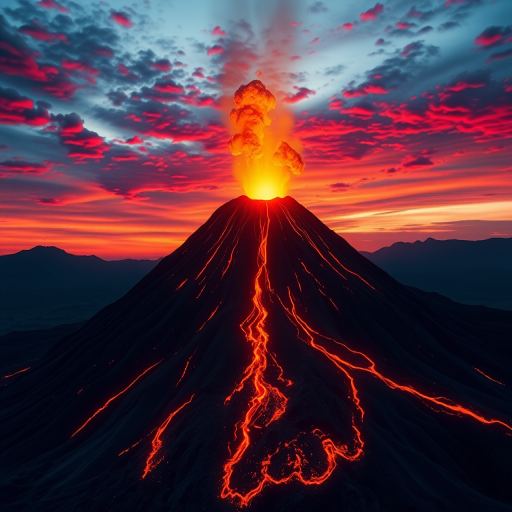 Create an illustration of a volcano with a glowing lava flow, during sunset with vibrant red and orange skies, shot with a DSLR camera at f/8 aperture, ISO 100, 24mm focal length, with a shallow depth of field and high dynamic range to enhance colors and details.
