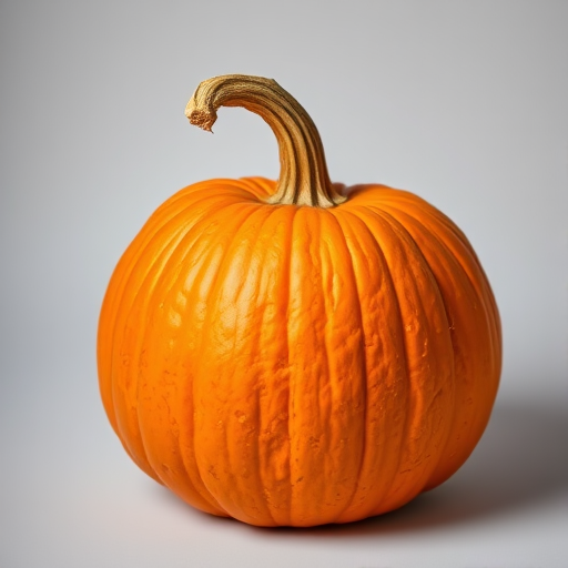 Create a detailed image of a bright orange pumpkin with a textured skin and a curved stem, captured with a DSLR camera at f/2.8 aperture, 1/200 shutter speed, ISO 100, in a softbox-lit studio setting for enhanced color and texture clarity.