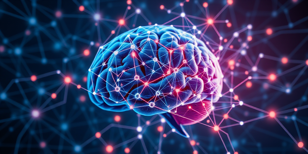 generate an abstract digital art piece of a brain surrounded by intricate geometric patterns and glowing connections in a futuristic style, captured with a 50mm lens, f/1.8 aperture, ISO 100, with a wide-angle perspective using a DSLR camera to enhance image quality.