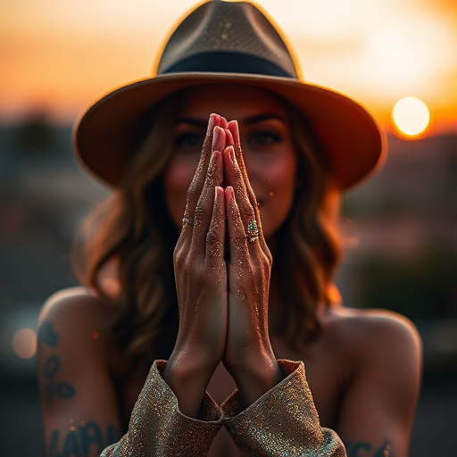 Create an image of a person with a golden glitter effect, holding their hands together, wearing a stylish hat, captured in soft sunset lighting, using a full-frame DSLR camera at f/2.8, ISO 100, shutter speed 1/200s, in a shallow depth of field for a dreamy background.