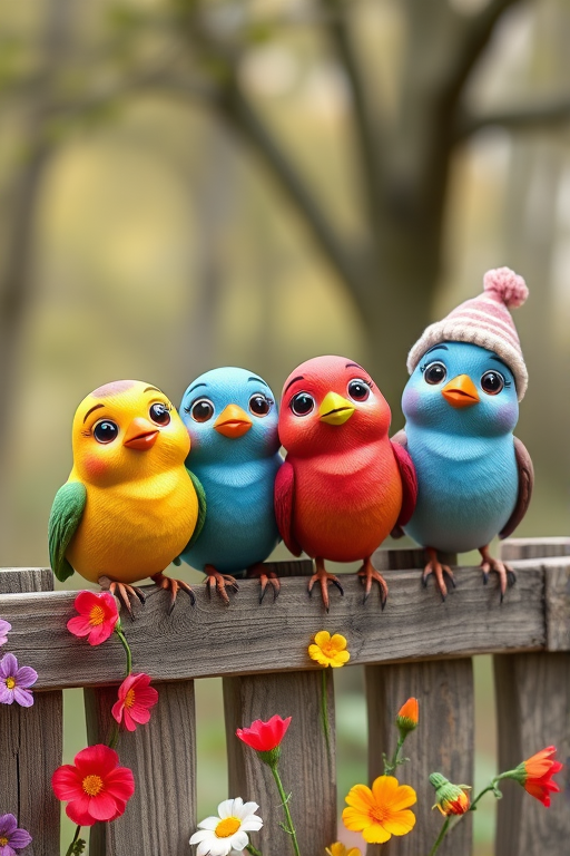 create a scene of 4 quirky  whimsical colourful comical birds each with a funny expression. they are sat on a wooden fence with colourful flowers. they are all different sizes. each one is a different colour  one is wearing a woolly hat. Each one has a different quirky google expression and there is a muted background of trees watercolour paintierly style high definition 8k resolution 3D paper mache