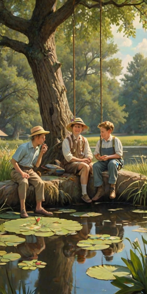 Imagine a small group of old fashioned young boys out fishing by the creek, a swing hanging from a tree branch, reeds and grasses by the water's edge, a frog sitting on a lily pad, dragonflies hovering over som water plans, a very iconic old fashioned scene reminiscent of a Norman Rockwell painting style