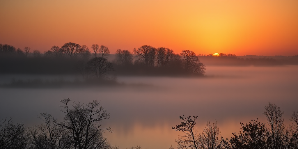 Generate a high-resolution image of a serene landscape at sunrise, capturing mist over a tranquil lake with silhouettes of trees in the foreground, using a Canon EOS R5 camera with a 24-70mm lens, aperture set to f/8, ISO 100, and a shutter speed of 1/125 sec for enhanced clarity and dynamic range.